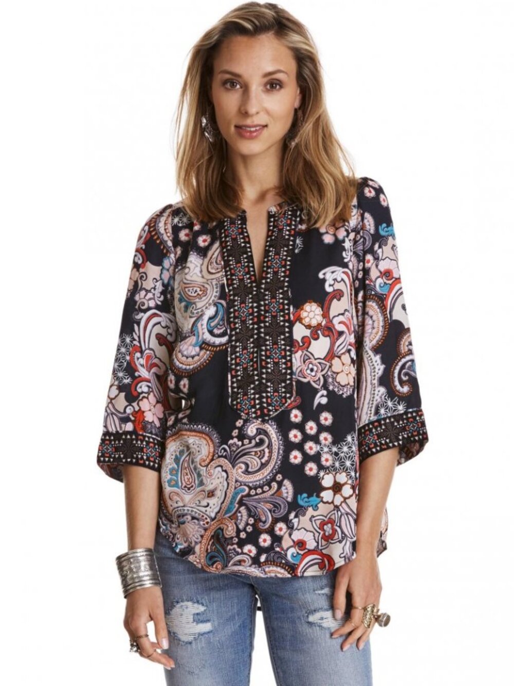 Odd Molly Paisley Print Boho Tunic Blouse Navy Embroidered 3/4 Sleeve Top M #502